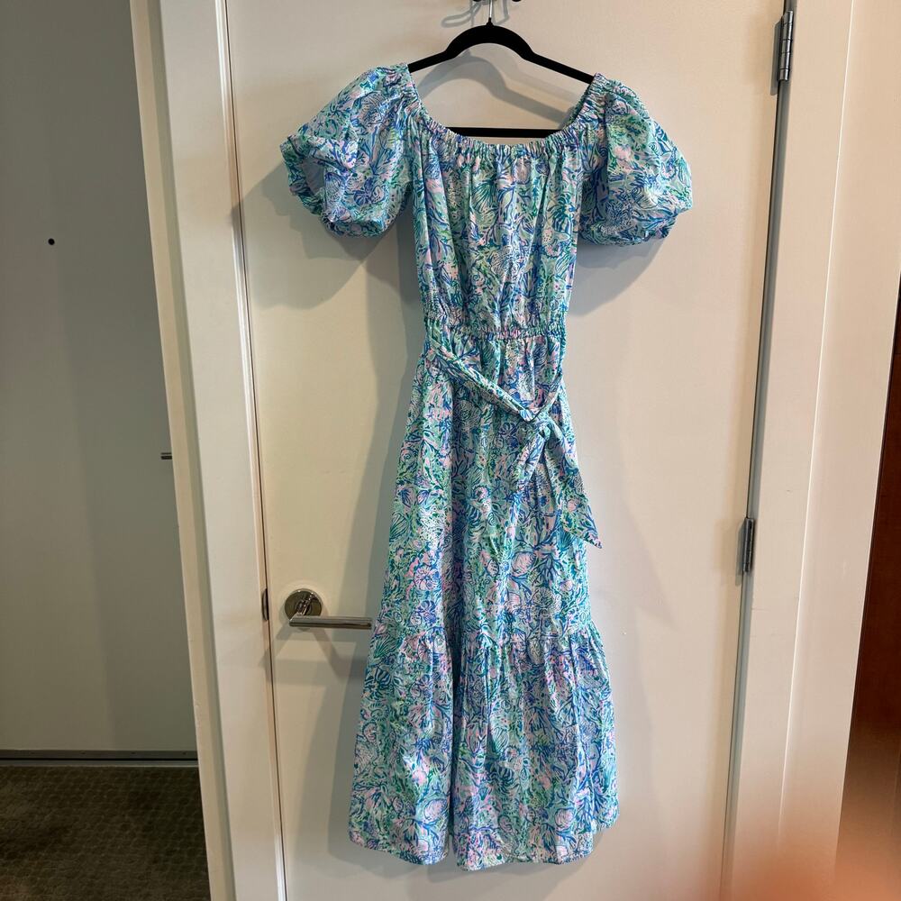 New Lilly Pulitzer Tamie Off-The-Shoulder Dress Blue Tiered Puff Sleeve Sz S - Picture 3 of 7